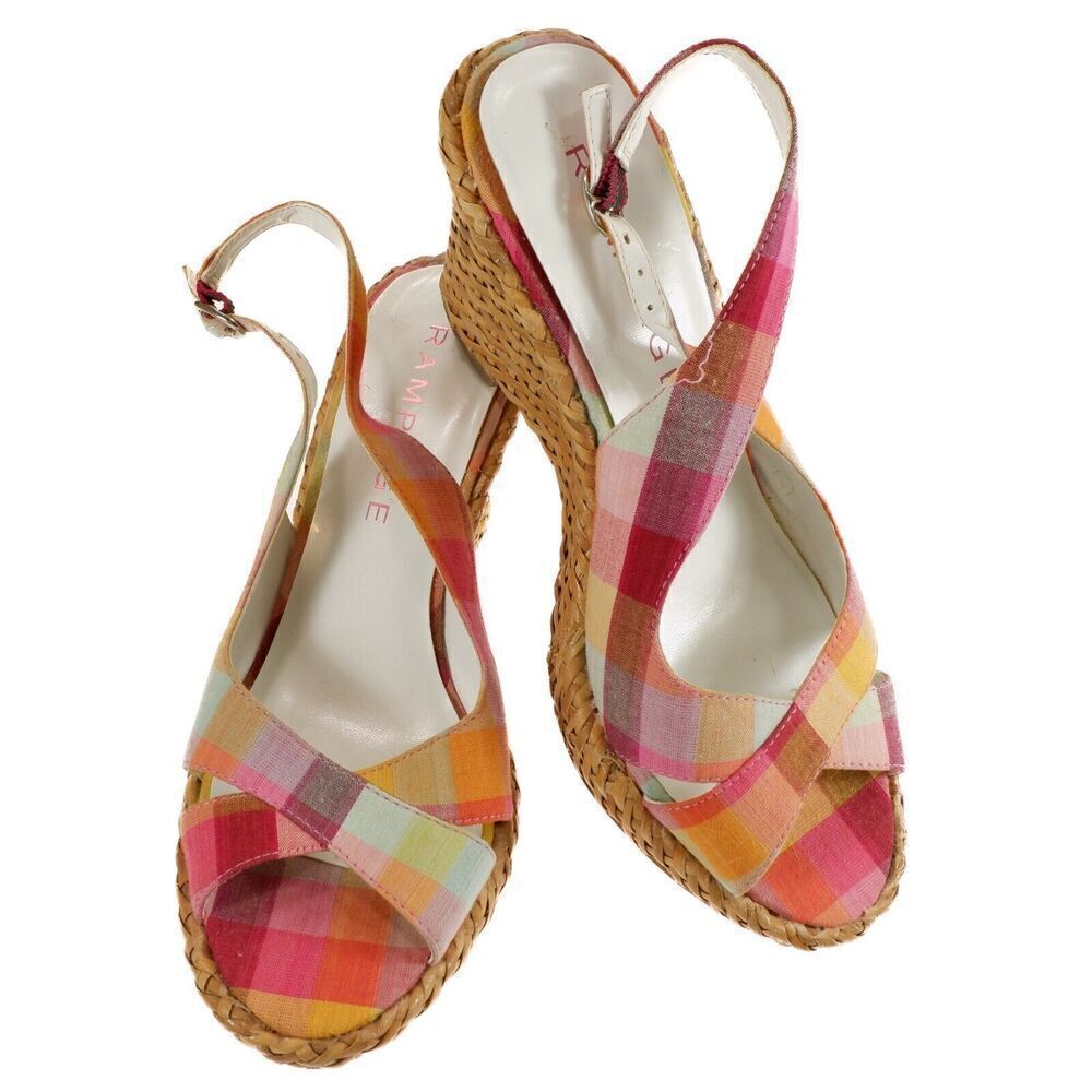 Rampage Wedge Slingback Size 6.5 Womens Plaid Barcelona Multicolor Peep Sandal
